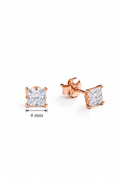 Nereze 925 Ayar Gümüş Rose Kaplama 4 mm Kare Star Kesim Minimal Tektaş Küpe