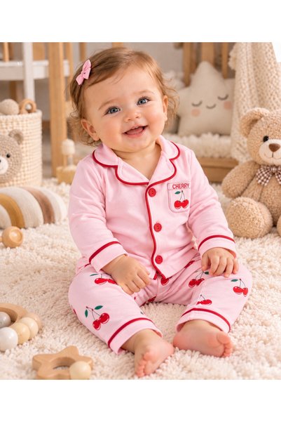 Movamirbaby Kız Bebek %100 Pamuk Kiraz Desenli Uzun Kollu Düğmeli Sırt Baskıl...