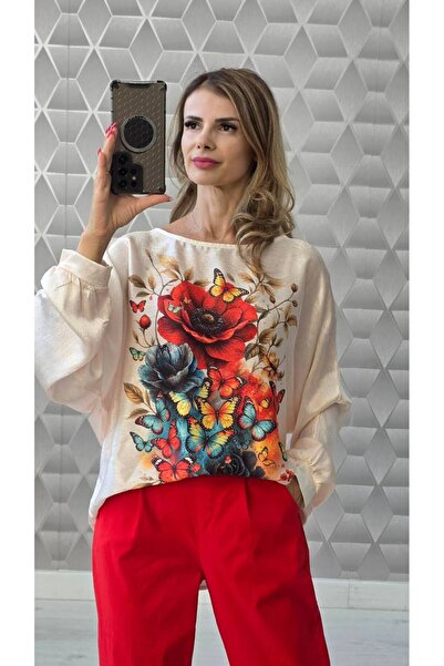 GLAMSI Γυναικεία μπλούζα Camelia από τυπωμένο σατέν, με μακριά μανίκια, ρευστ...