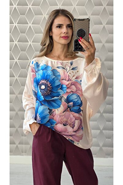 GLAMSI Γυναικεία μπλούζα Camelia από τυπωμένο σατέν, με μακριά μανίκια, ρευστ...