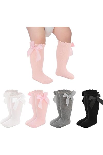 GENERAL Baby Girl Knee High Socks 4 Pairs, Soft Cotton Infant Long Tube Socks...