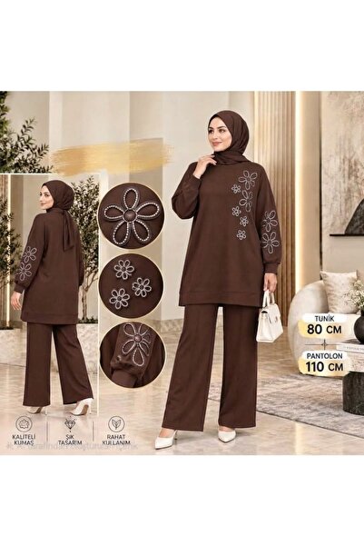 Marka Pearl Embellished Floral Detailed Tunic Trousers Double Hijab Set