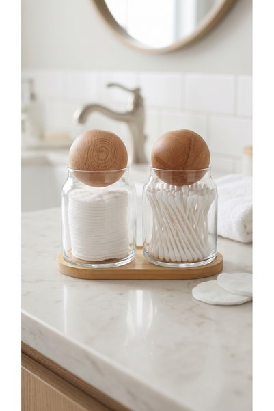 Glass&Grace 2-Piece 300 ml Bathroom Organizer Jars with Stand – with Ball Lid