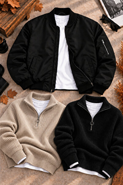 Gameyal Erkek 3'lü Kışlık Kombin Seti Unisex Oversize Çift Cepli Bomber Ceket...