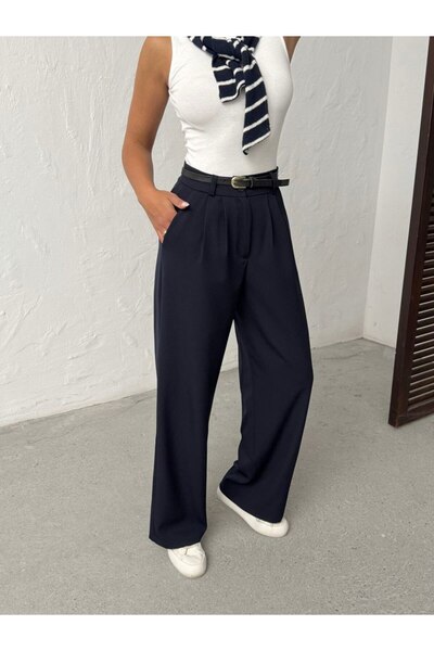 Gambocci Women's Palazzo Double Fabric Double Pleated High Waist Wide Leg Long Fabric Trousers