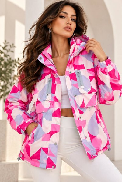 Zylen Kadın Pembe Lila Desenli Kapüşonlu Oversize Yağmurluk