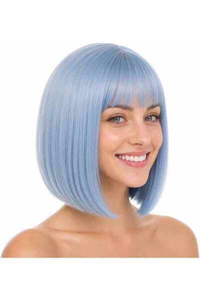 eNilecor Short Bob Hair Wigs 12" Straight with Flat Bangs Synthetic Colorful ...