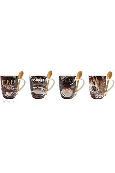 Bien Servi Coffee Mugs Set with Wooden Spoons, Ceramic, 4 Piece, Brown Design
