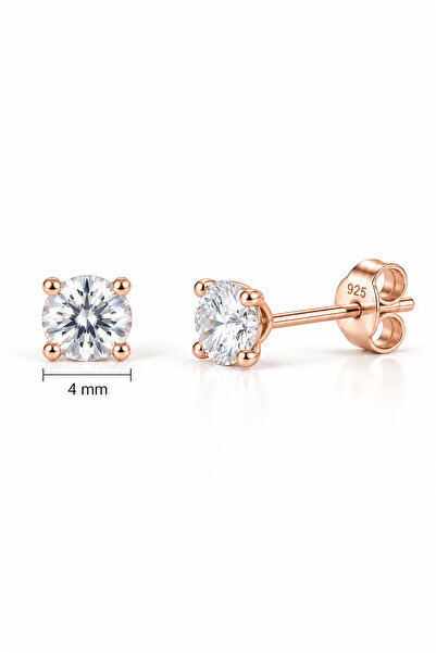 Nereze 925 Ayar Gümüş Rose Kaplama 4 mm Yuvarlak Star Kesim Minimal Tektaş Küpe