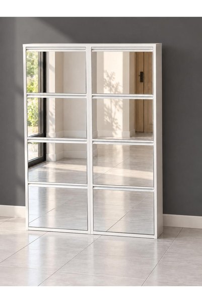 Karlı Home 4+4 Kapaklı Beyaz / Aynalı Metal Ayakkabılık 16 Çift Kapasiteli Şık Tasarım