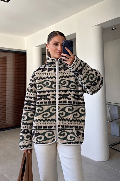 manana fashion Γυναικείο φούτερ με σχέδια από τεχνητό μαλλί και φερμουάρ σε ό...