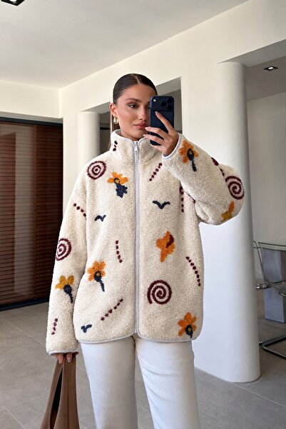 manana fashion Γυναικείο φούτερ με σχέδια από τεχνητό μαλλί και φερμουάρ σε ό...
