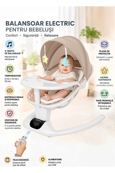 L-Sun Leagan Electric 4 in 1 Pentru Bebeluși, Functie Muzicala, Bluetooth, Telecomandă, Ecran Tactil. 5 Viteze De Legănare, Port USB, Copertină Rabatabila Si Plasa De Insecte, Tăviță detașabilă