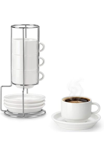 ANGJU 100ml Porcelain Espresso Cups with Saucers and Metal Stand Set of 4, St...