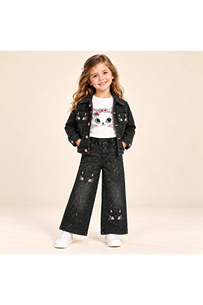 rony pony kids Κοριτσίστικο Σετ 3 τεμαχίων με Κεντημένη Γάτα σε Μαύρο Τζιν | ...