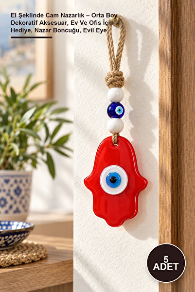 5 Adet El Şeklinde Cam Nazarlık – Orta Boy Dekoratif Aksesuar, Ev Ve Ofis İçin Hediye, Nazar Boncuğu, Evil Eye