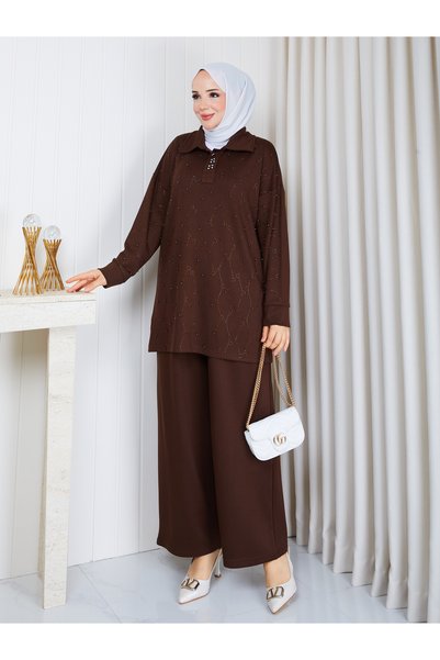 Modam Bella Oysho Fabric Stone and Pearl Detailed Double Set