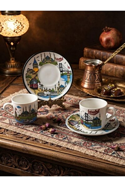 Generic Brand Istanbul Themed Turkish Coffee Cup Set – Colorful Istanbul Patt...