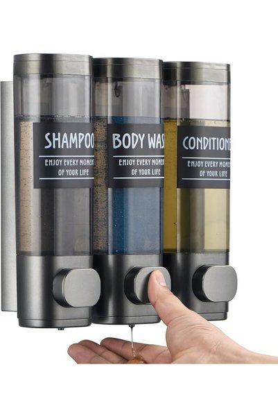 GENERAL Shampoo and Conditioner Dispenser, 3 Chamber Wall Mounted No Drill Sh...