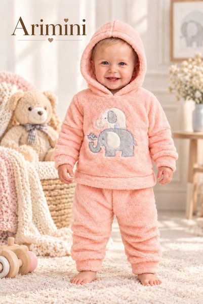 Arı Bebe Cute Elephant Embroidered Welsoft Hooded 2-Piece Baby Set