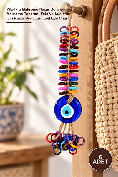 5 Adet Yüzüklü Makrome Nazar Boncuğu – Makrome Tasarım, Takı Ve Süsleme İçin Nazar Boncuğu, Evil Eye Charm