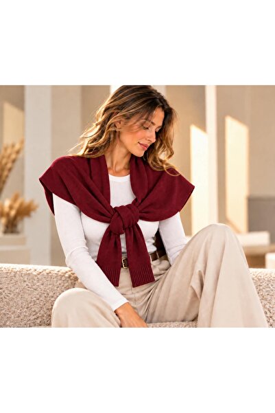 Kadın Bordo Triko Patchwork Atkı Omuz Şalı Kışlık