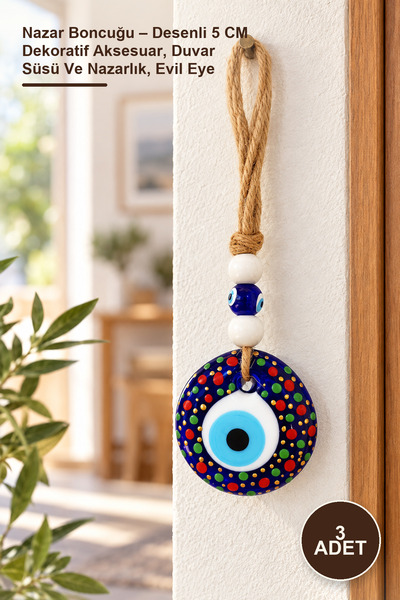 3 Adet Nazar Boncuğu – Desenli 5 CM Dekoratif Aksesuar, Duvar Süsü Ve Nazarlık, Evil Eye