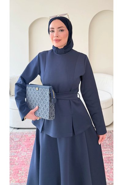 RFK Butik Women's Waist Tie Detailed Scuba Skirt Set - Navy Blue