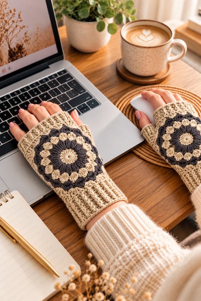 Awesomecrochet Women's Fingerless Knitted Gloves Cream Beige Floral Motif Handmade Winter Gloves