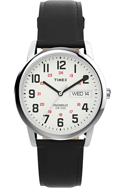 Timex ساعة رجالية سهلة القراءة بحزام جلدي مع عرض التاريخ