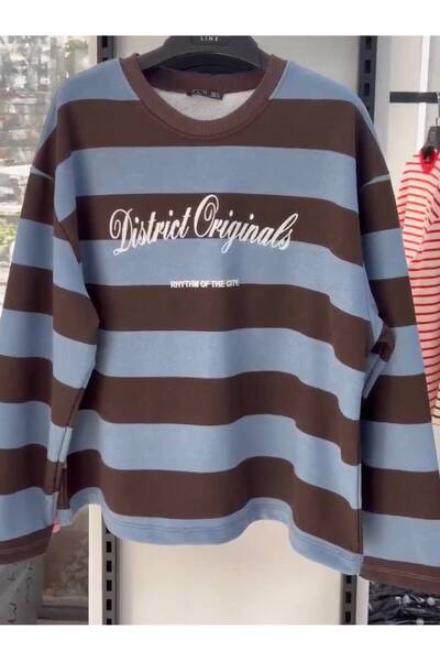 moda gk Çizgili Bisiklet Yaka Oversize Düşük Kol Örme Sweatshirt-mavi