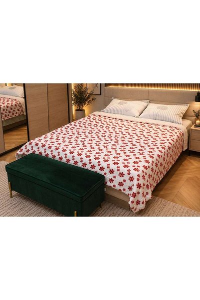 Caressa Patura Pat Craciun, 200 x 220 cm, pentru 2 Persoane, Doua Fete, Imprimeu Fulgi de Zapada, Spate Sherpa, Poliester, Alb cu Rosu