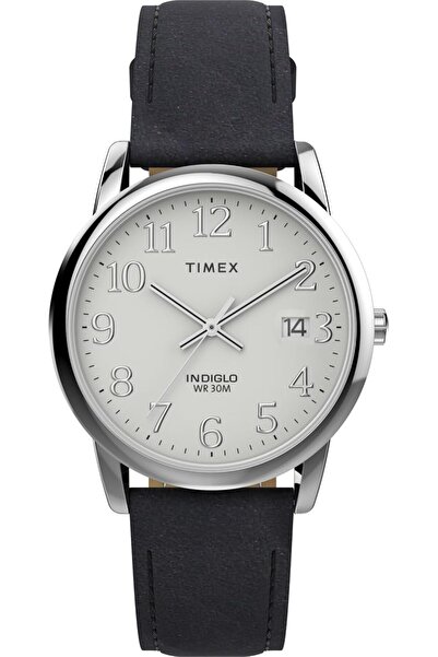 Timex ساعة رجالية سهلة القراءة بحزام جلدي مع عرض التاريخ