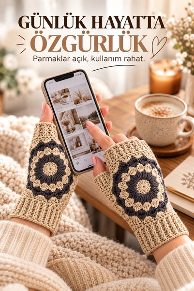 Awesomecrochet Women's Fingerless Knitted Gloves Cream Beige Floral Motif Handmade Winter Gloves