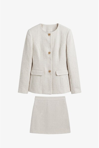 Havoş Ecru Gold Buttoned Tweed Skirt Jacket Set