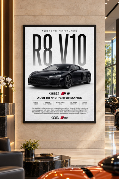 Kessy Home Studio Audi R8 V10 Siyah Çerçeveli Araba Tablosu Genç Odası Finear...