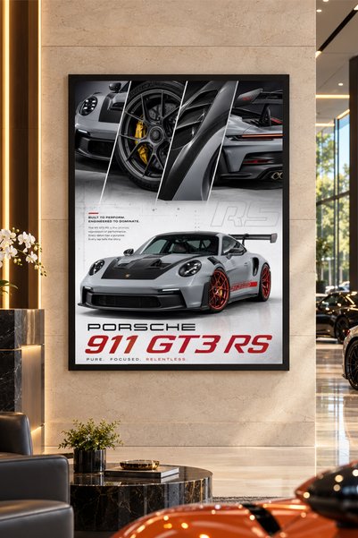 Kessy Home Studio Porsche 911 GT3 RS Siyah Çerçeveli Araba Tablosu Genç Odası...