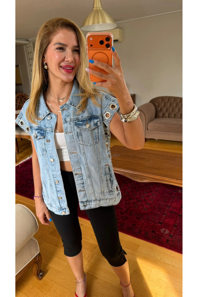 Genel Markalar Kuşgözü ve Taş Detaylı Jean Yelek