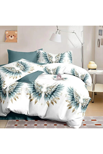 decorami Double bed linen with Stretchy, Finet, 6 pieces, White, Blue, wings
