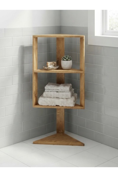 YSC DESIGN YSC Ahşap Çok Amaçlı Banyo, Balkon ve Oda Köşe Rafı, Şeffaf Doğal ...