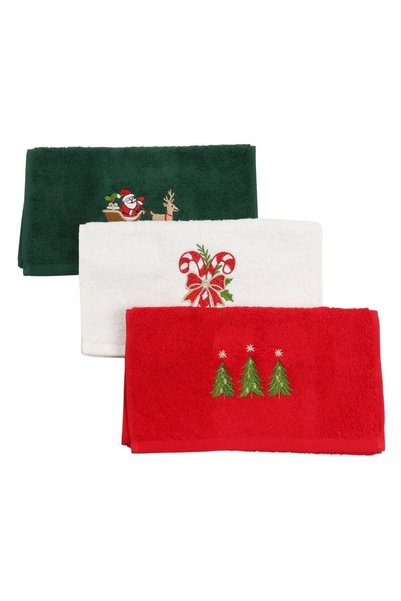 Caressa Set Prosoape Bucatarie Craciun, 3 Bucati, 30 x 50 cm, Bumbac 500 g/mp, Broderie Mos Craciun, Brazi si Acadele, Multicolor