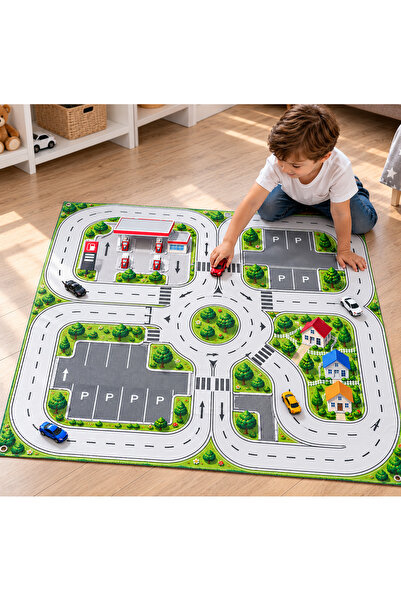Çocuk Araba Oyun Brandası 100x100 cm – Yol, Garaj ve Benzinlik Desenli