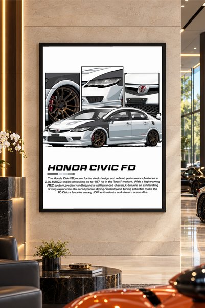 Kessy Home Studio Honda Civic FD Siyah Çerçeveli Araba Tablosu Genç Odası Fin...