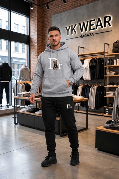YK WEAR Unisex Teddy Bear Printed Oversize Hooded Sweatshirt and Sweatpants S...