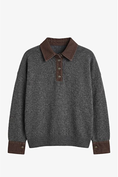 Havoş Antrasit Yakası Kolları Denim Detaylı Kazak