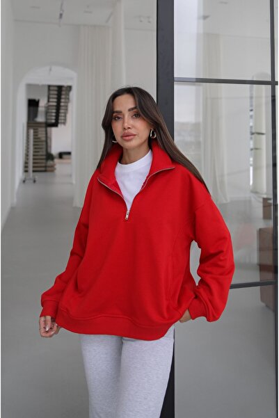 Havoş Kırmızı Collar Fermuarlı Dik Yaka Sweatshirt