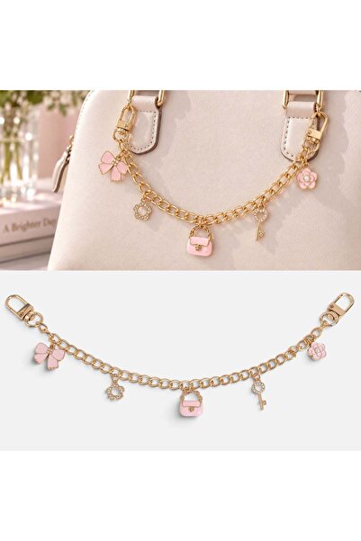 OEM Breloc Charm Lant Auriu cu Funda Cheie Flori si Geanta Roz 28cm