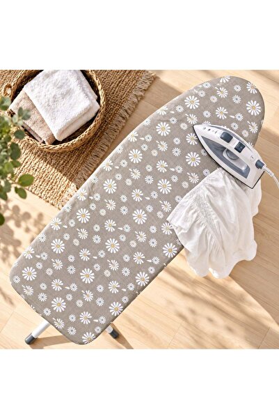 OEM Husa din Bumbac Gri Bej Floral cu Elastic pentru Masa de Calcat 140x50cm
