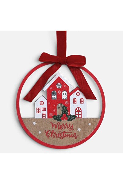 OEM Ornament Brad de Craciun din Lemn cu Casute Fundita Catifelata "Merry Chr...