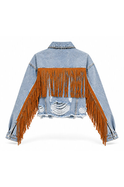 LOKADI Kadın Süet Püskül Detaylı Oversize Crop Jean Ceket Western Kolej Tarzı...